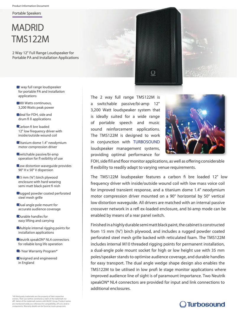 Página 1 del manual Ficha técnica Turbosound Madrid TMS122M