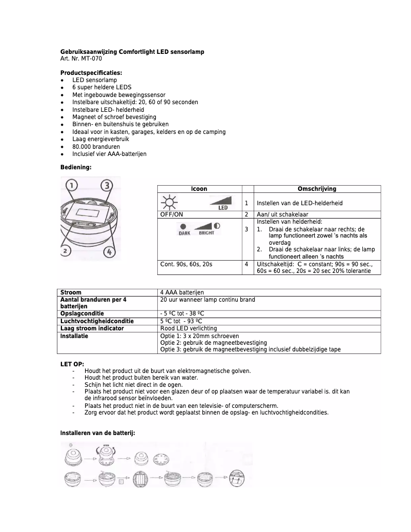 Imagen de la primera página del manual del dispositivo Comfortlight MT-070