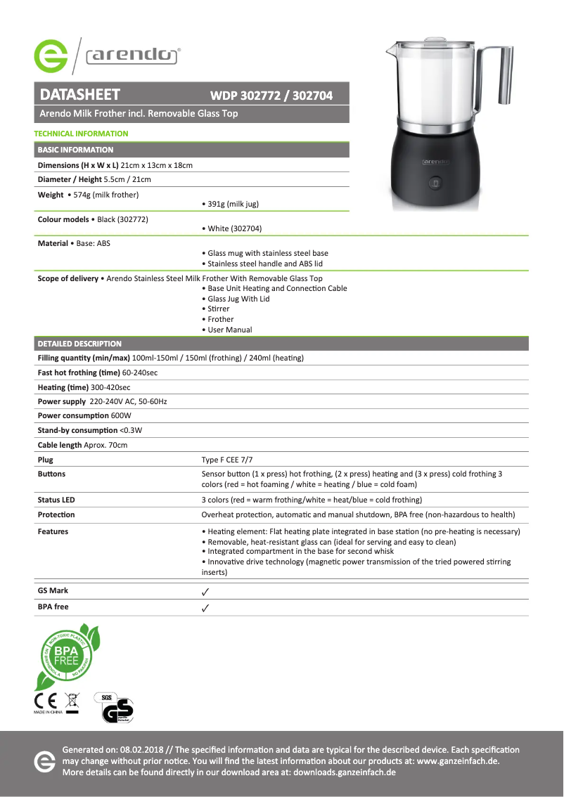 Página 1 del manual Ficha técnica Arendo Milkstar 302704