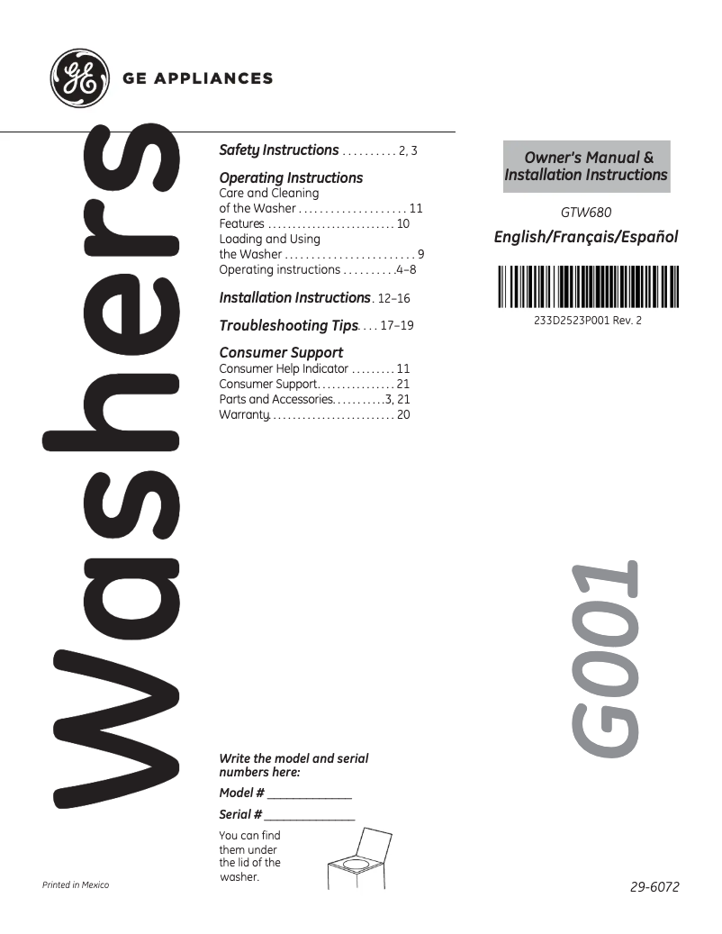 Imagen de la primera página del manual del dispositivo GTW680BMMWS