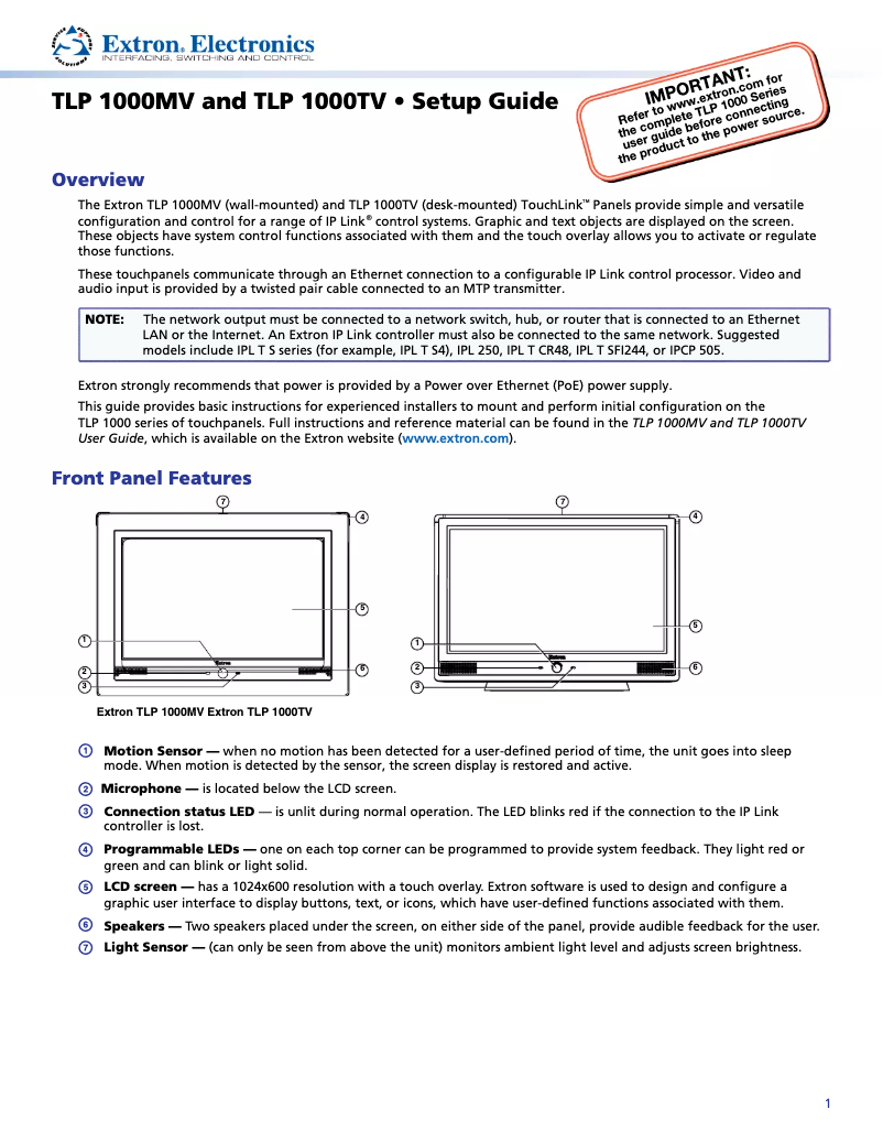 Imagen de la primera página del manual del dispositivo TLP 1000TV