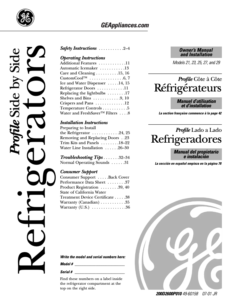 Página 1 del manual Manual de usuario GE PSC23NHMCC