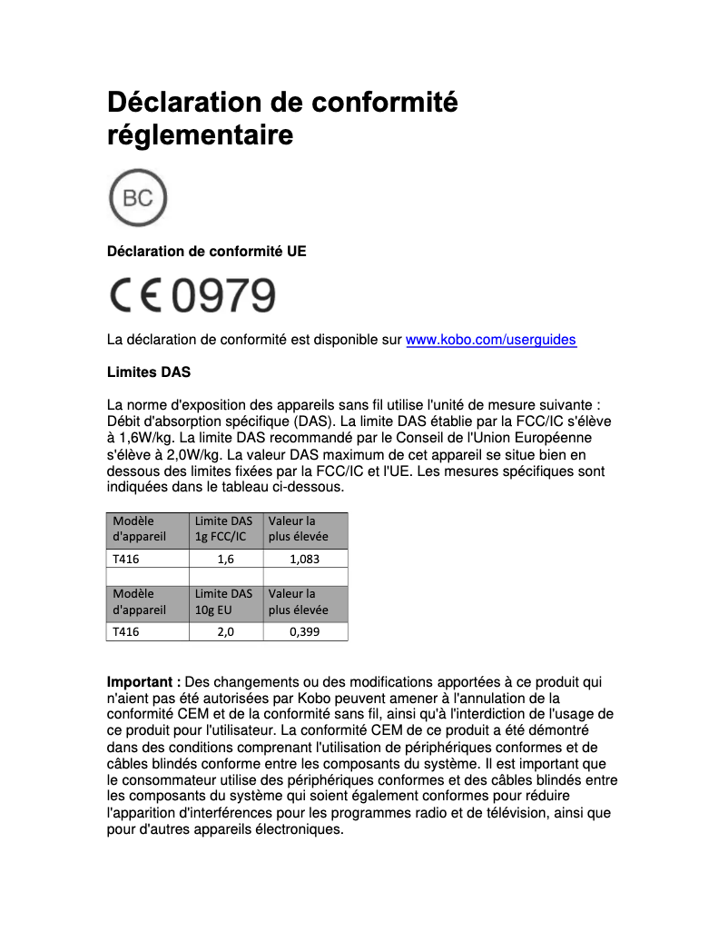 Página 1 del manual Instrucciones de seguridad Kobo Arc 7HD