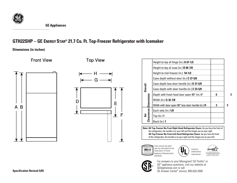 Página 1 del manual Ficha técnica GE GTH22SHPBS