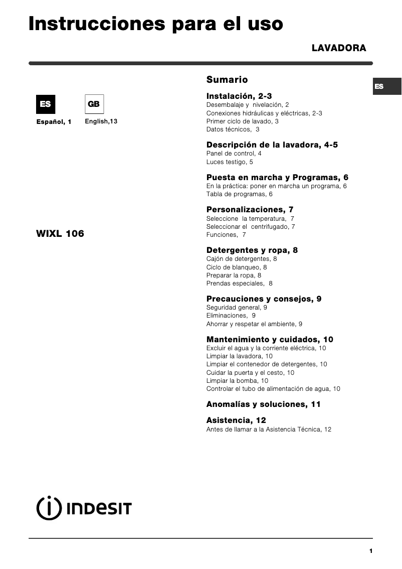 Página 1 del manual Manual de usuario Indesit WIXL 106