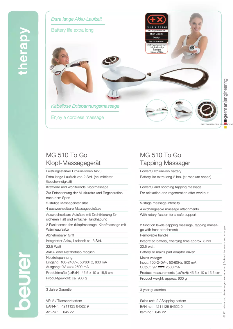 Página 1 del manual Ficha técnica Beurer MG 510 To-Go