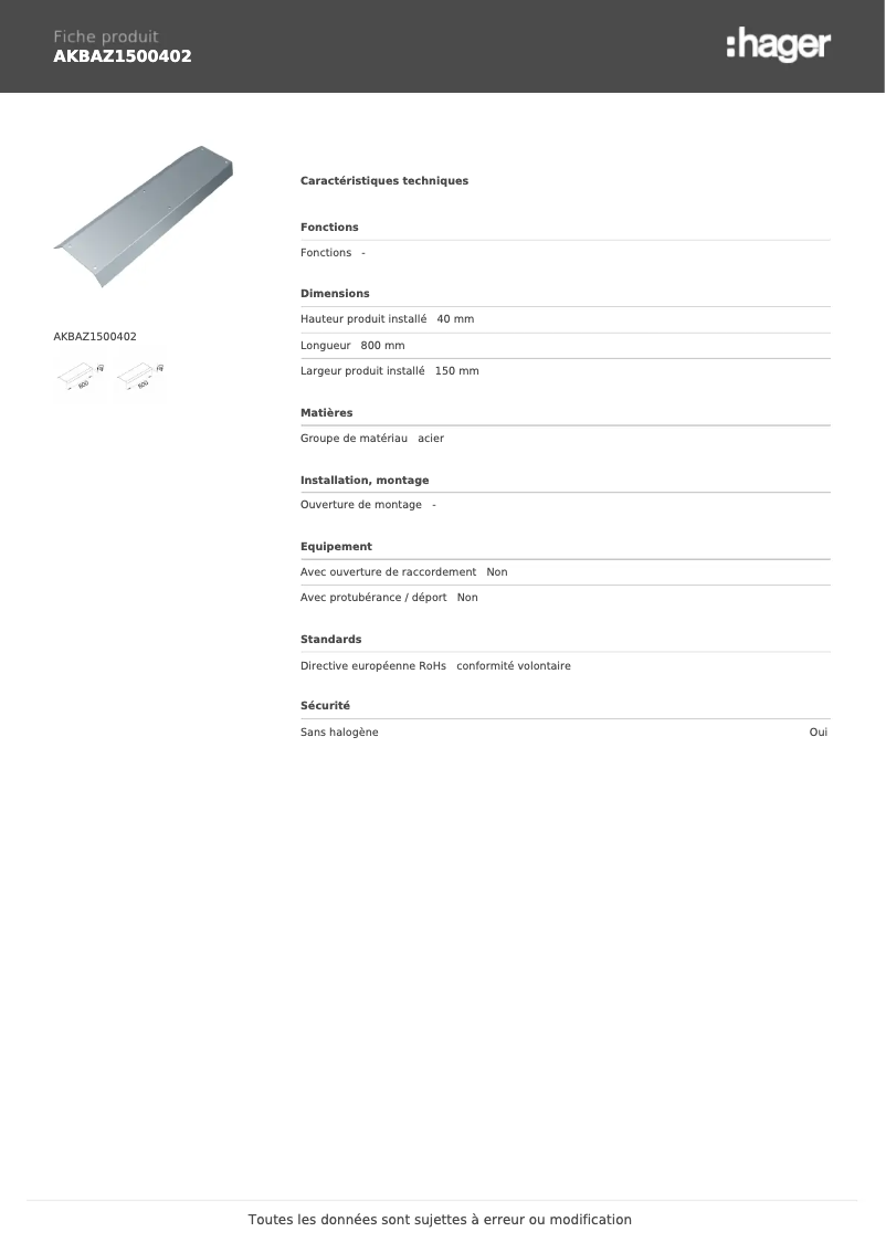 Página 1 del manual Ficha técnica Hager AKBAZ1500402