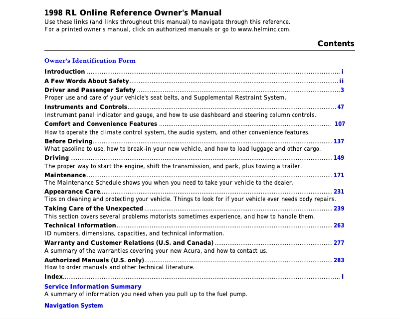 Página 1 del manual Manual de usuario Acura RL (1998)