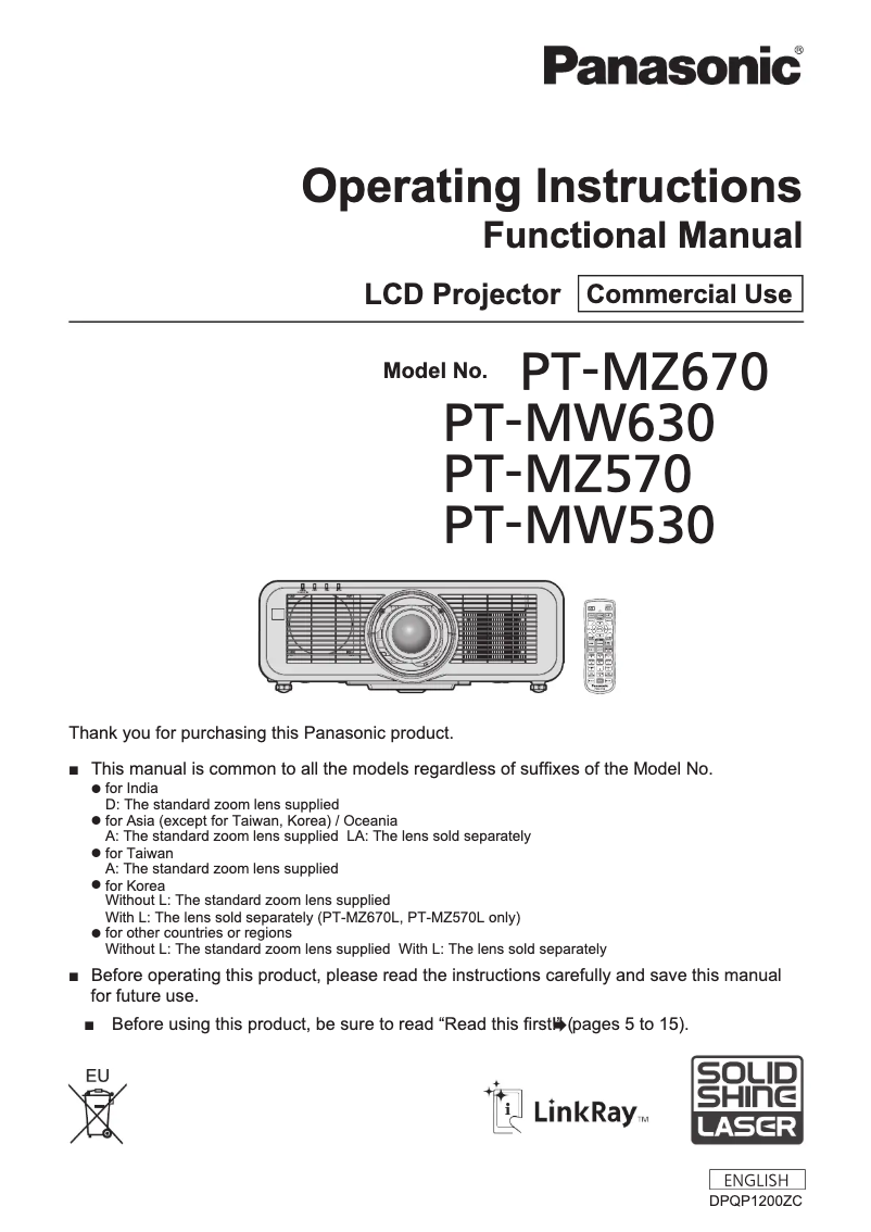 Página nº 1 - Manual de usuario Panasonic PT-MW530E