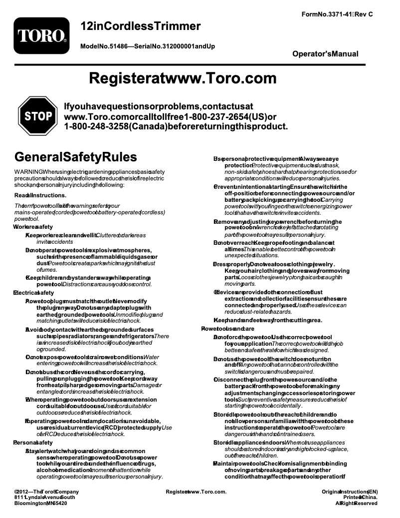 Página 1 del manual Manual de usuario Toro 51486