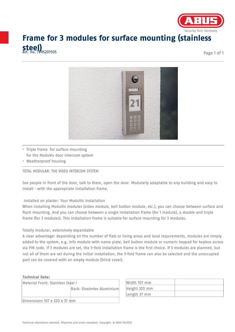 Página 1 del manual Ficha técnica Abus TVHS20150S