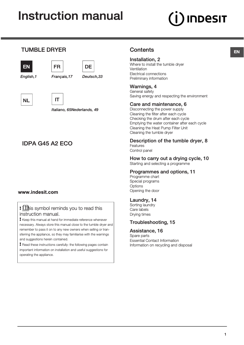 Imagen de la primera página del manual del dispositivo IDPA G45 A2 ECO