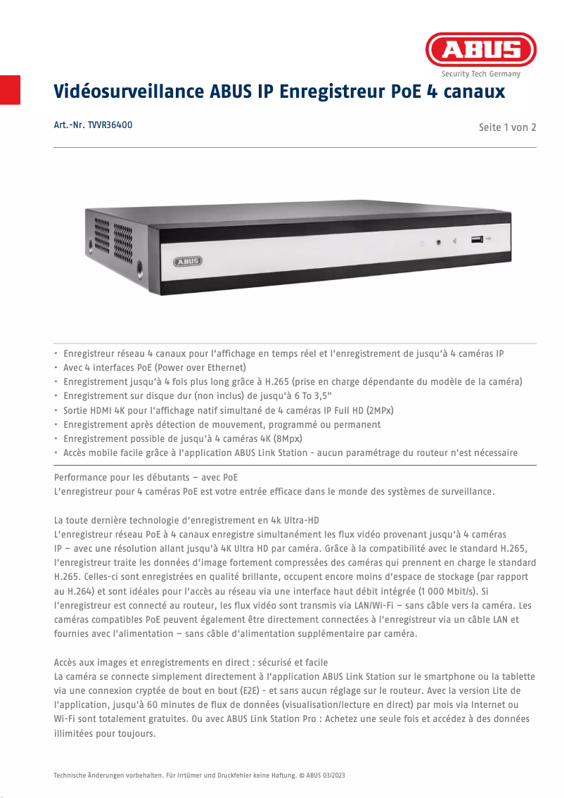 Página 1 del manual Ficha técnica Abus TVVR36400