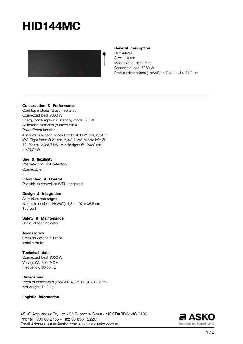 Página nº 1 - Ficha técnica Asko HID144MC