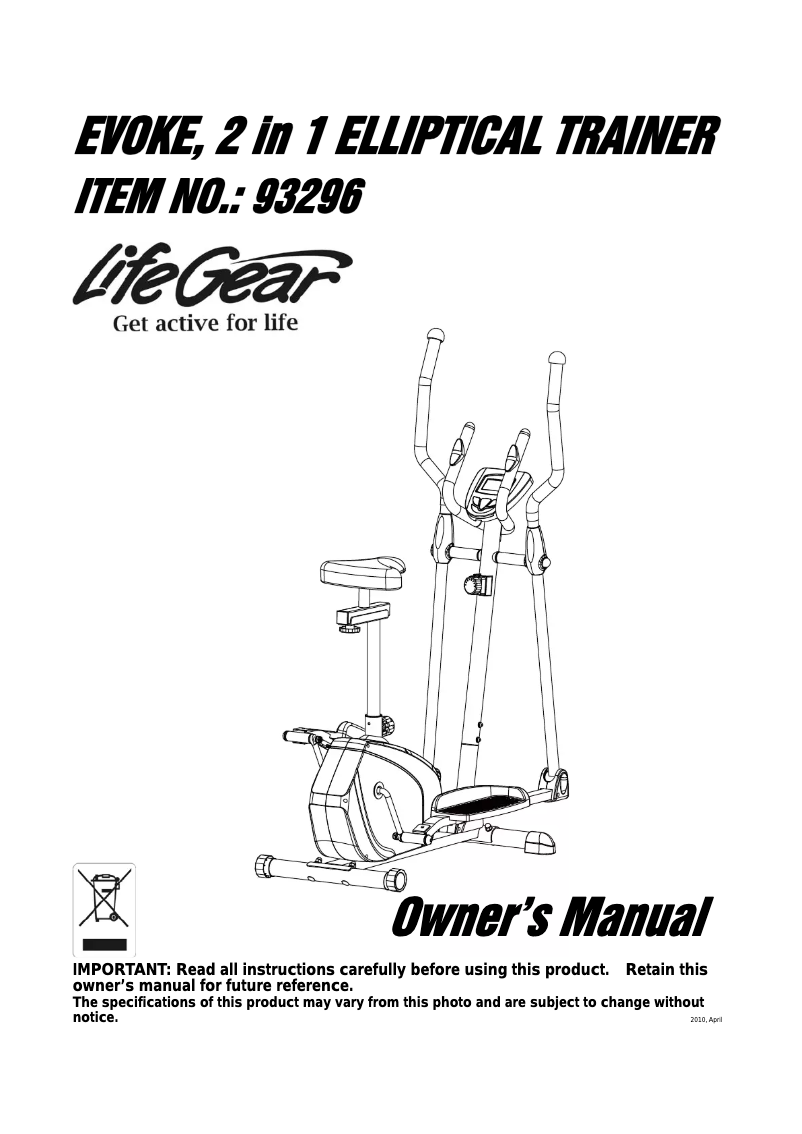 Imagen de la primera página del manual del dispositivo Evoke 2 in 1 Elliptical Trainer 93296