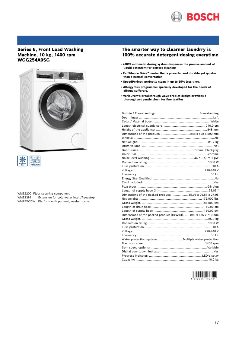 Página 1 del manual Ficha técnica Bosch WGG254A0SG