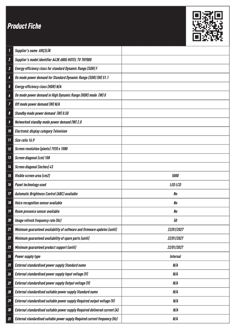 Página 1 del manual Ficha técnica Arçelik A43K 680G