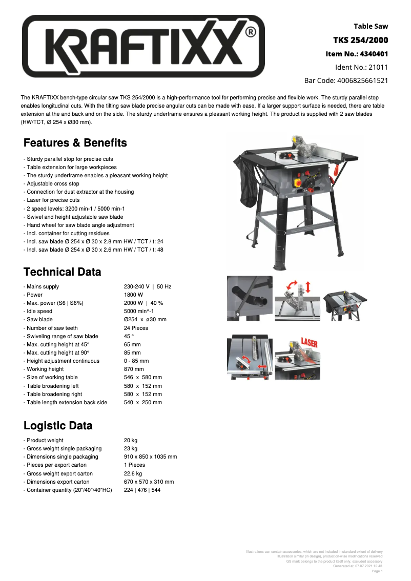 Página 1 del manual Ficha técnica Kraftixx TKS 254/2000