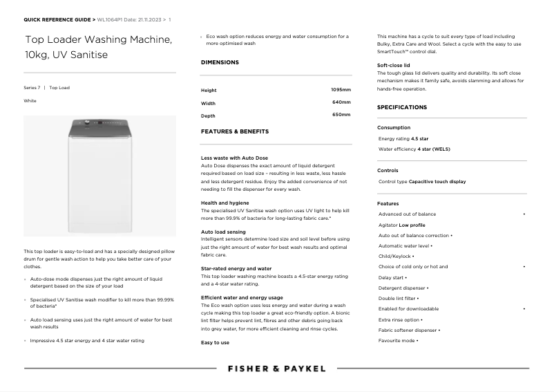 Página 1 del manual Ficha técnica Fisher & Paykel WL1064P1