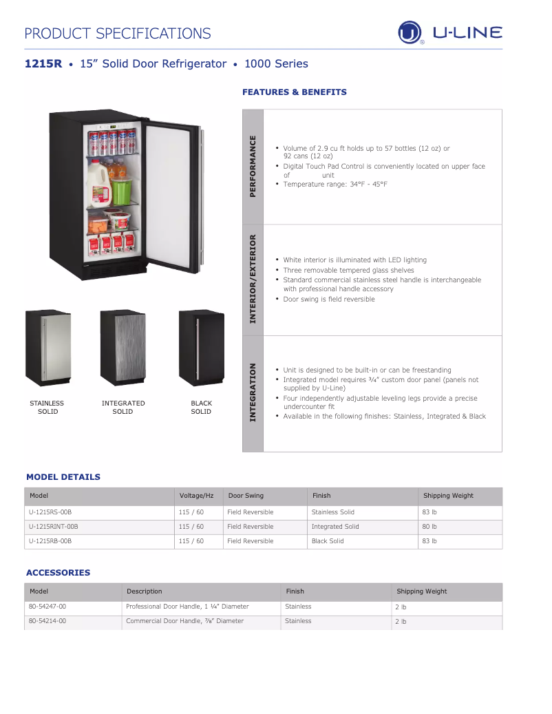 Página 1 del manual Ficha técnica U-Line U-1215RB-00B