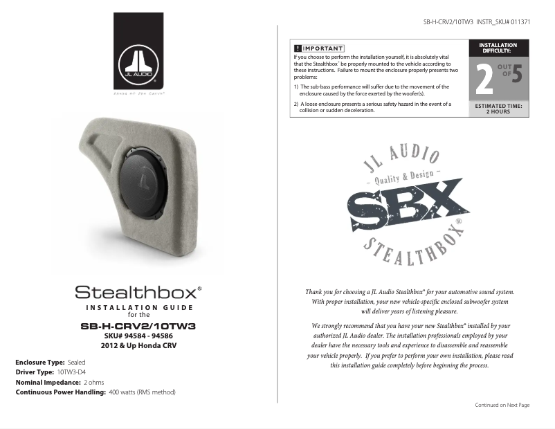 Imagen de la primera página del manual del dispositivo Stealthbox SB-H-CRV2/10TW3/DG