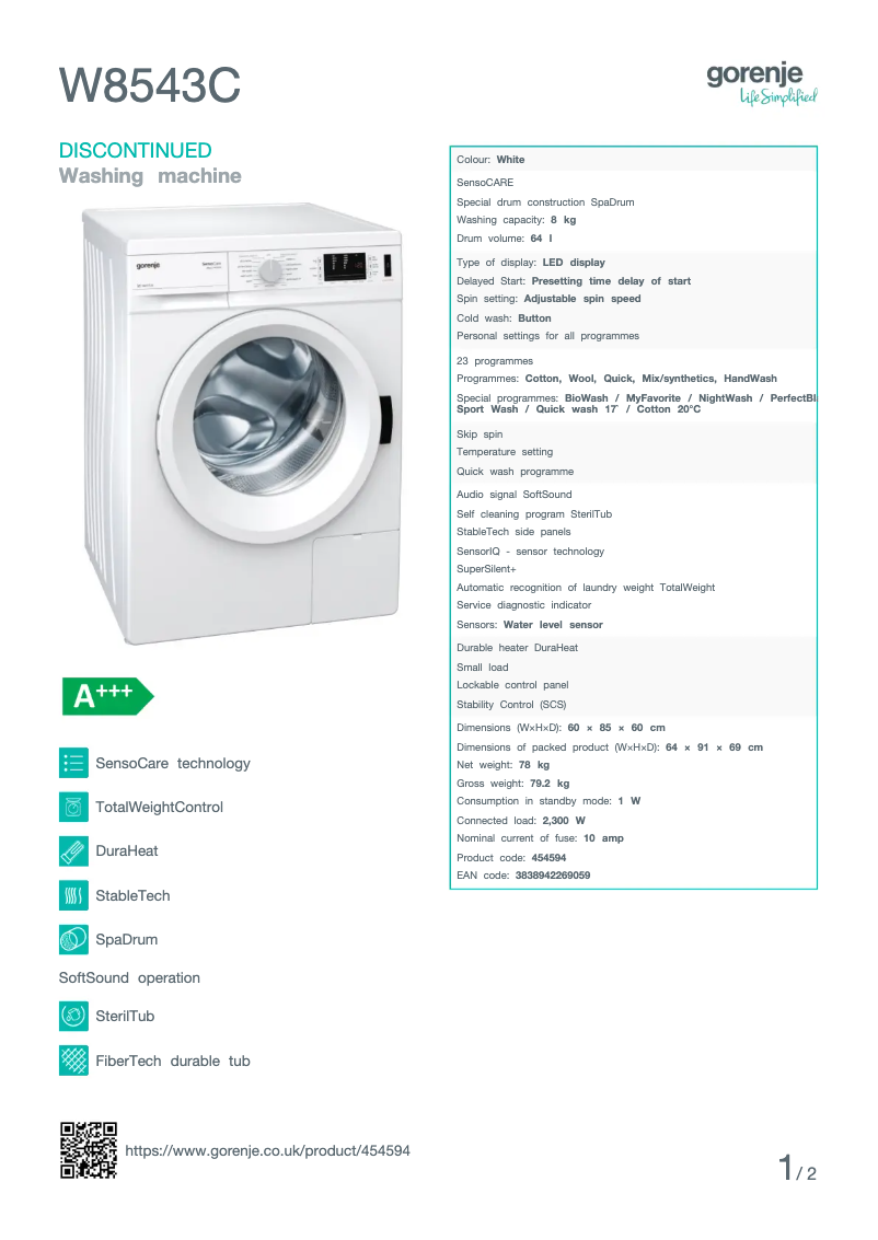 Página 1 del manual Ficha técnica Gorenje W8543C