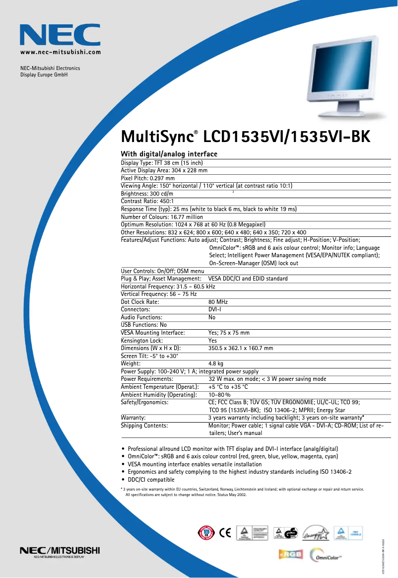 Imagen de la primera página del manual del dispositivo MultiSync LCD1535VIBK