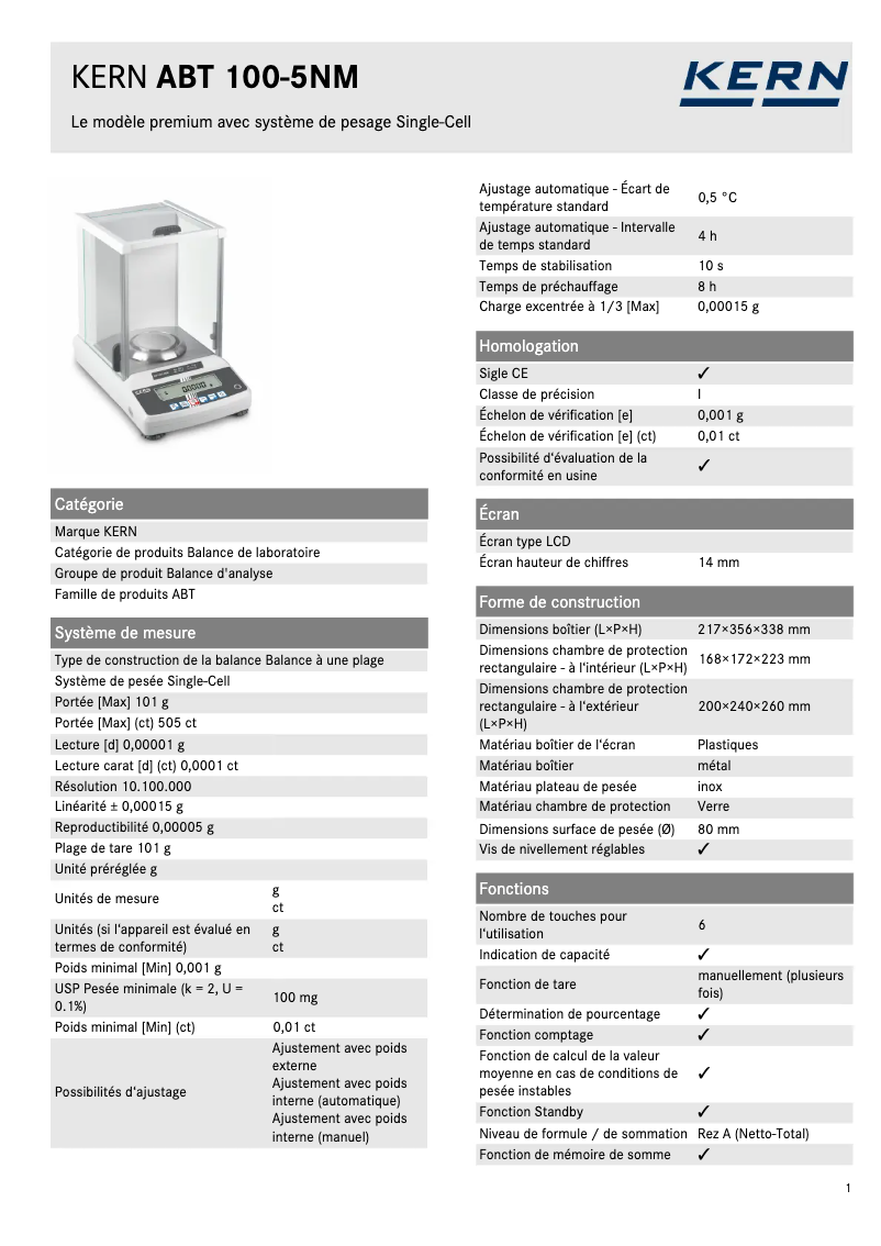 Página 1 del manual Ficha técnica Kern ABT 100-5NM
