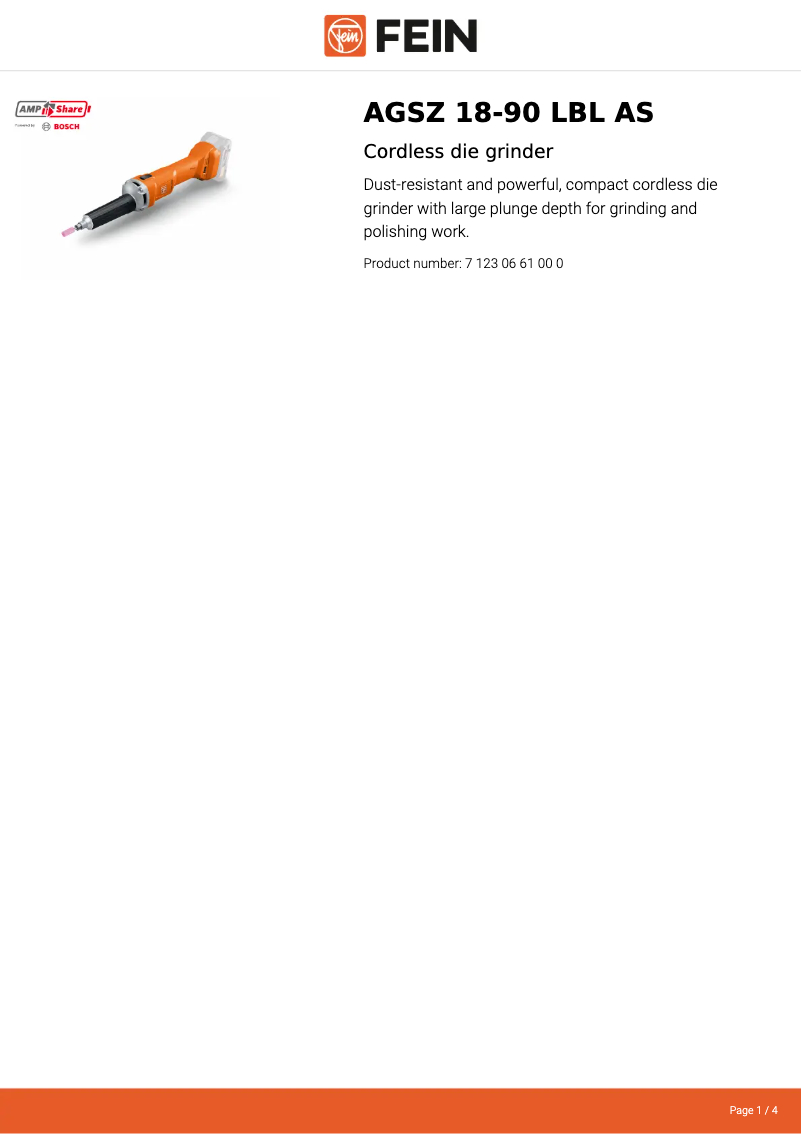 Página 1 del manual Ficha técnica Fein AGSZ 18-90 LBL AS