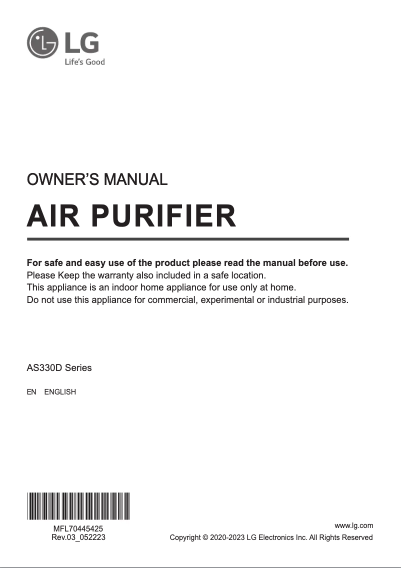 Imagen de la primera página del manual del dispositivo PuriCare 360 AS330DWR0