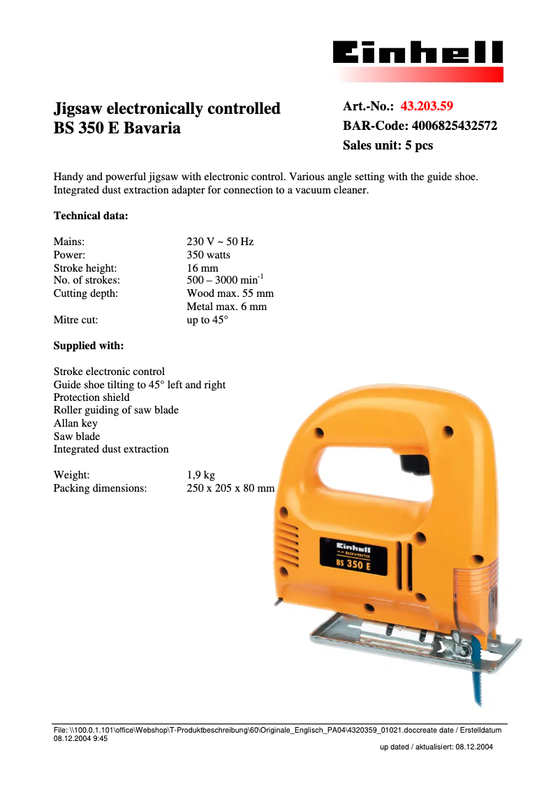 Página 1 del manual Ficha técnica Bavaria by Einhell BS 350 E