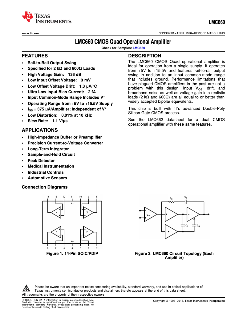 Imagen de la primera página del manual del dispositivo LMC660CM/NOPB