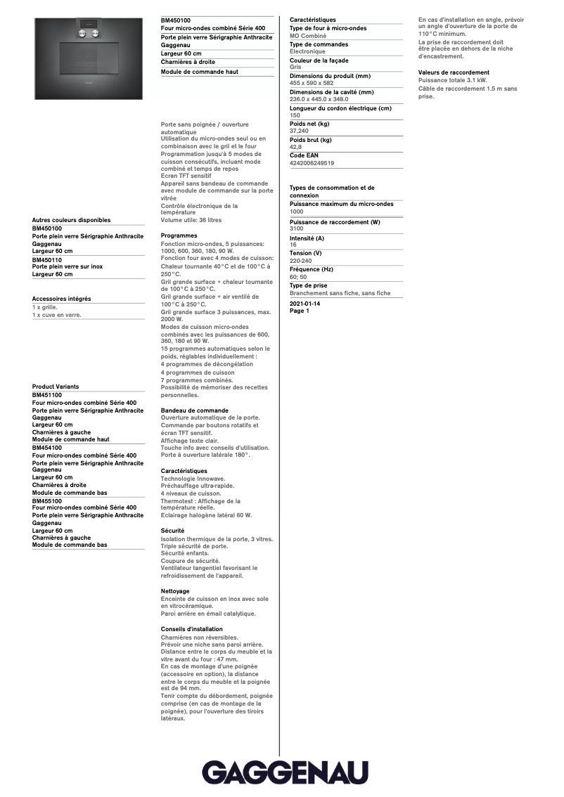Página nº 1 - Ficha técnica Gaggenau BM450100