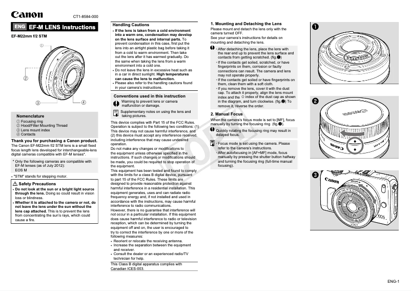 Imagen de la primera página del manual del dispositivo EF-M 22mm f/2 STM Lens