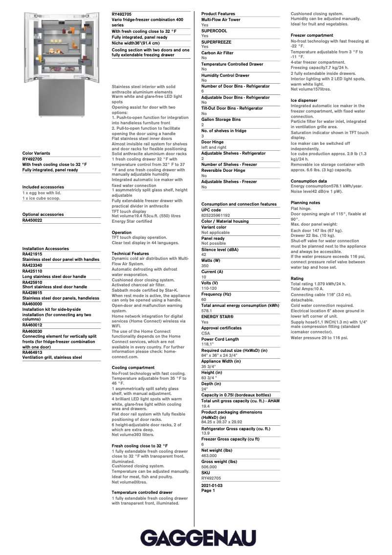 Página 1 del manual Ficha técnica Gaggenau RY492705