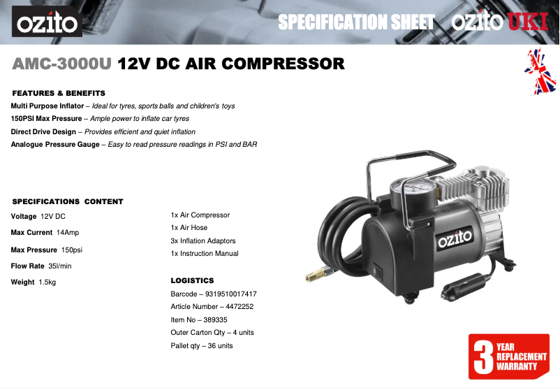 Página 1 del manual Ficha técnica Ozito AMC-3000U