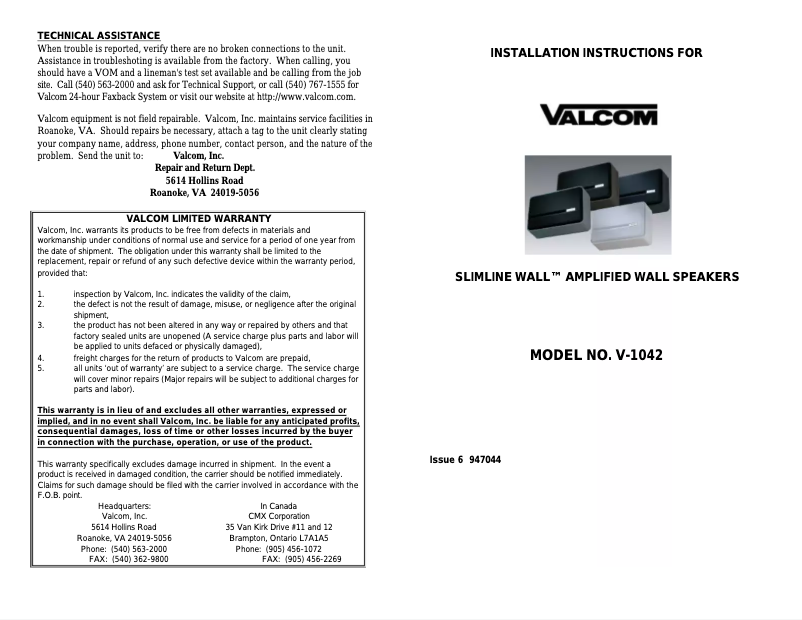 Imagen de la primera página del manual del dispositivo V-1042