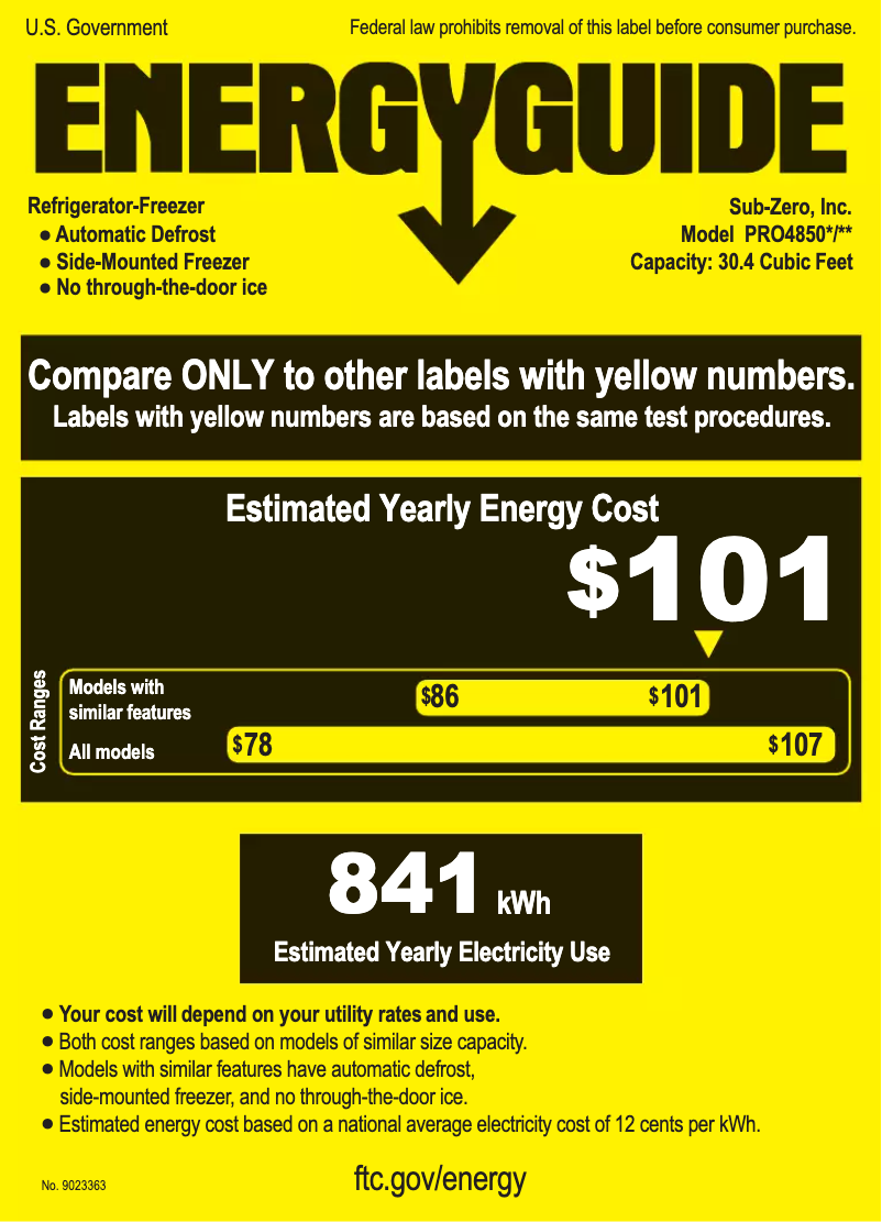 Página 1 del manual Etiqueta energética Sub-Zero PRO4850G