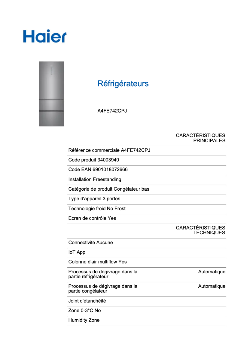 Página 1 del manual Ficha técnica Haier A4FE742CPJ