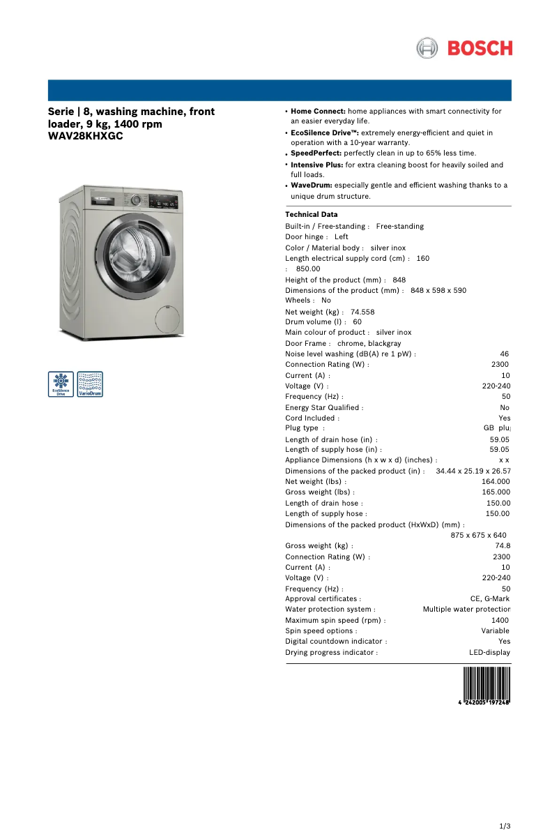 Página 1 del manual Ficha técnica Bosch WAV28KHXGC