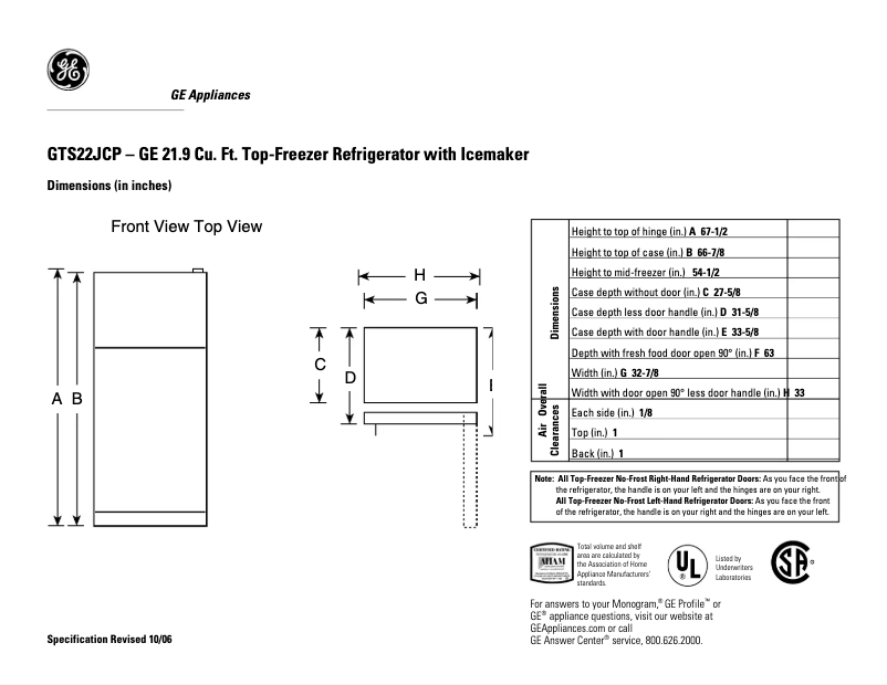 Página 1 del manual Ficha técnica GE GTS22JCPCC