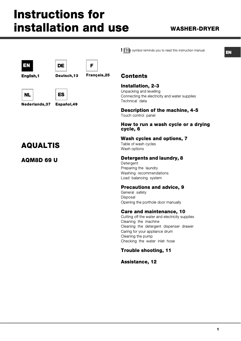 Página 1 del manual Manual de usuario Hotpoint AQM8D 69 U