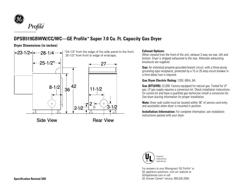 Página 1 del manual Ficha técnica GE Profile DPSB519GBCC