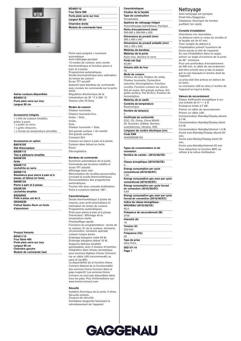 Página 1 del manual Ficha técnica Gaggenau BO450112