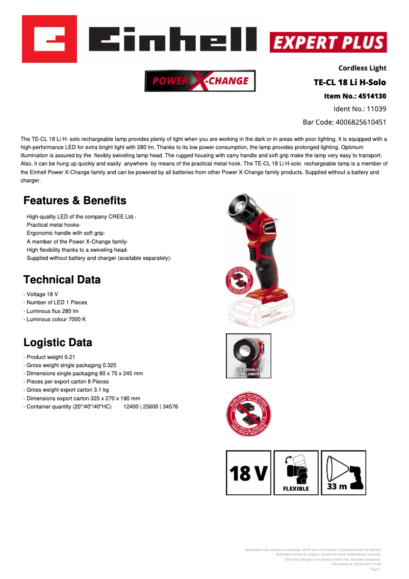 Página 1 del manual Ficha técnica Einhell TE-CL 18 Li H-Solo