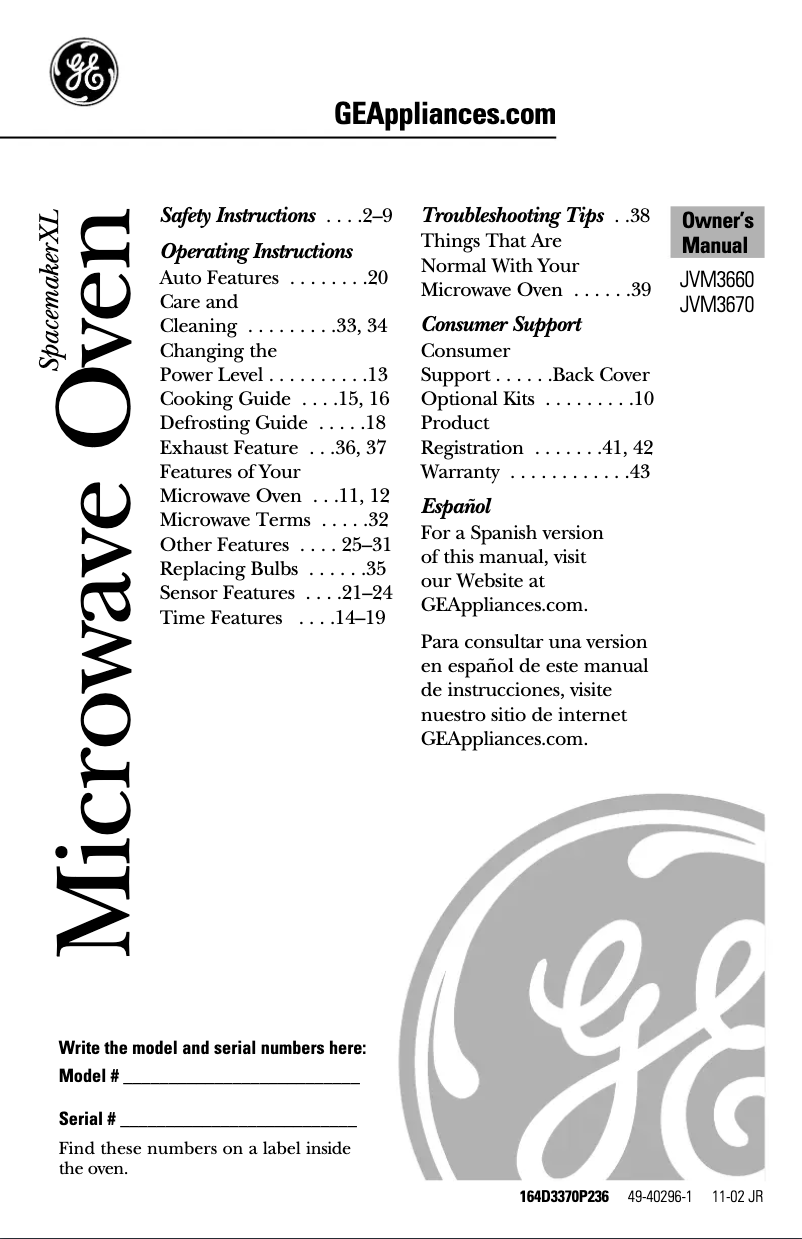 Imagen de la primera página del manual del dispositivo Profile JVM3660SD