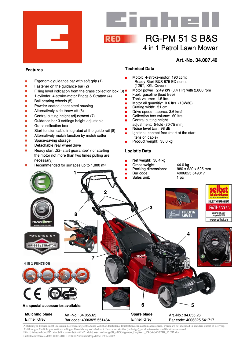 Página 1 del manual Ficha técnica Einhell RG-PM 51 S B&S
