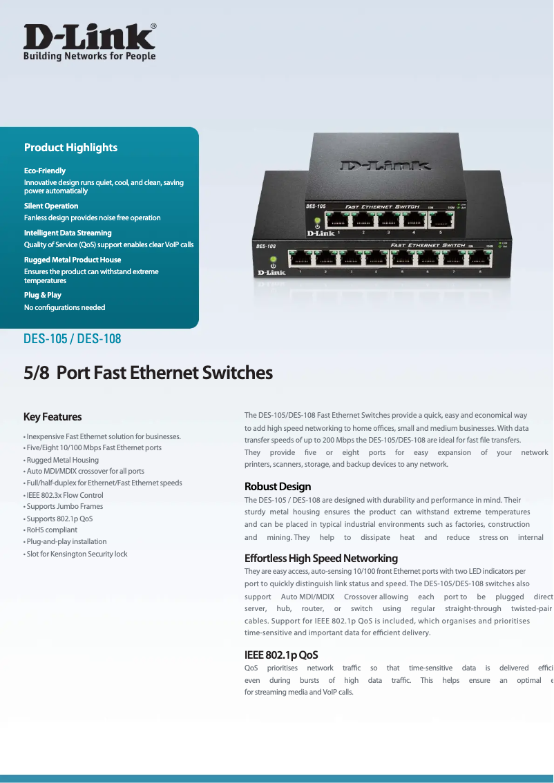 Página 1 del manual Ficha técnica D-Link DES-108