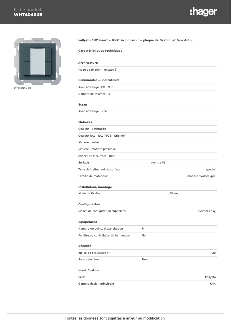 Página 1 del manual Ficha técnica Hager WHT40404B