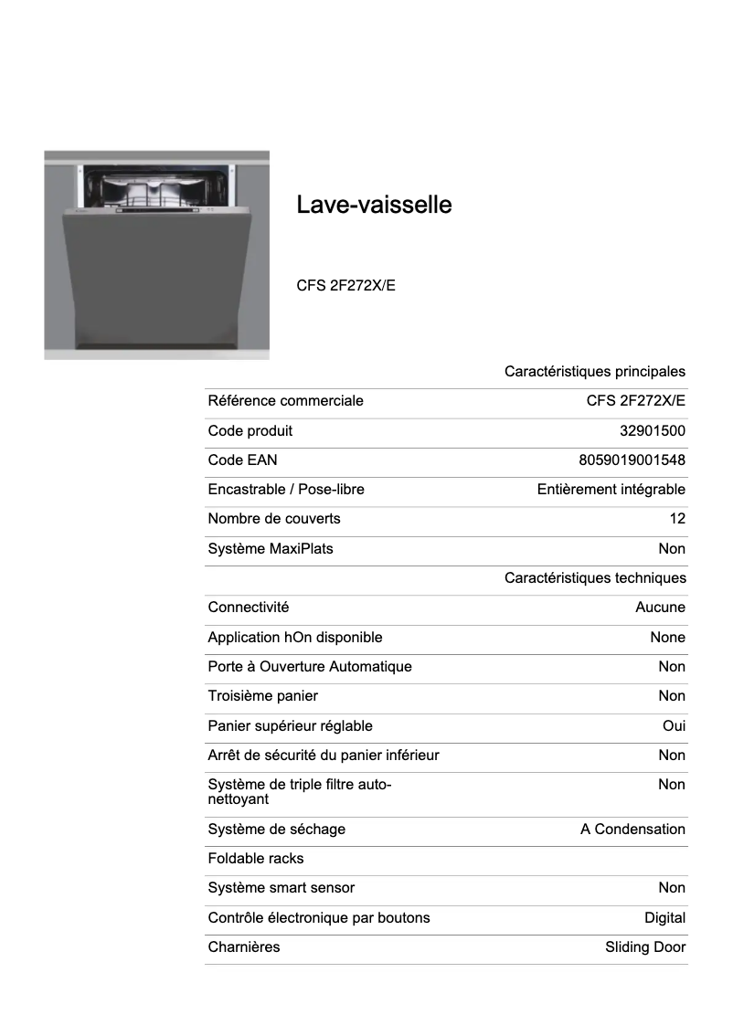 Página 1 del manual Ficha técnica Candy CFS 2F272X/E